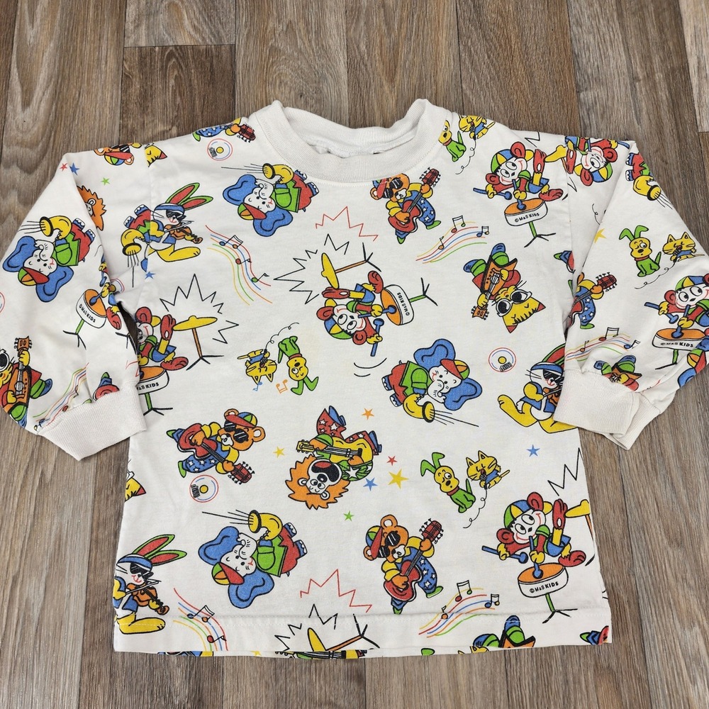 M&S Kids Graphic Print Long Sleeve Size 6 Vintage Crew Neck Top Colorful Cartoon